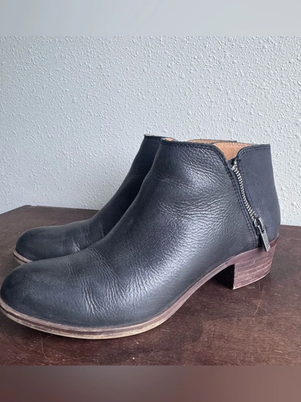 Lucky Brand Women’s Black Leather Ankle Boot with Double Side Zippers 7.5